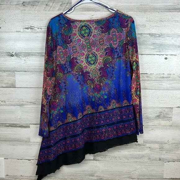 Calessa Boho Paisley Asymmetrical Hem Layered Tunic Top Blue Purple XL - Picture 7 of 9